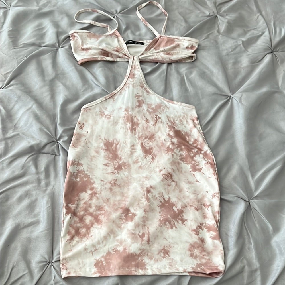 Cream and White Tie-Dye Halter Dress